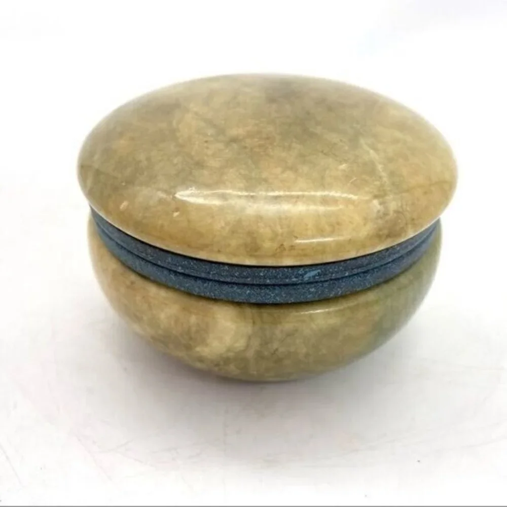 Vintage Italian Genuine Hand Carved Round Alabaster Trinket Box